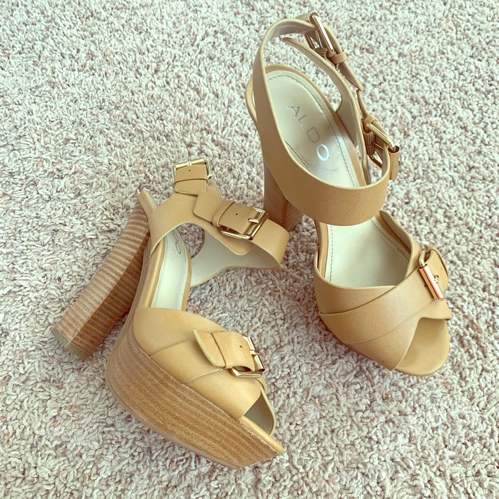 ALDO Tan Block Open Toe Platform Heelps